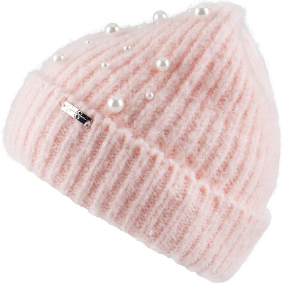 New Jessica Simpson Cozy Pink Stretch Knit Cuffed Beanie Hat Pearl Accent NWT - Picture 2 of 8